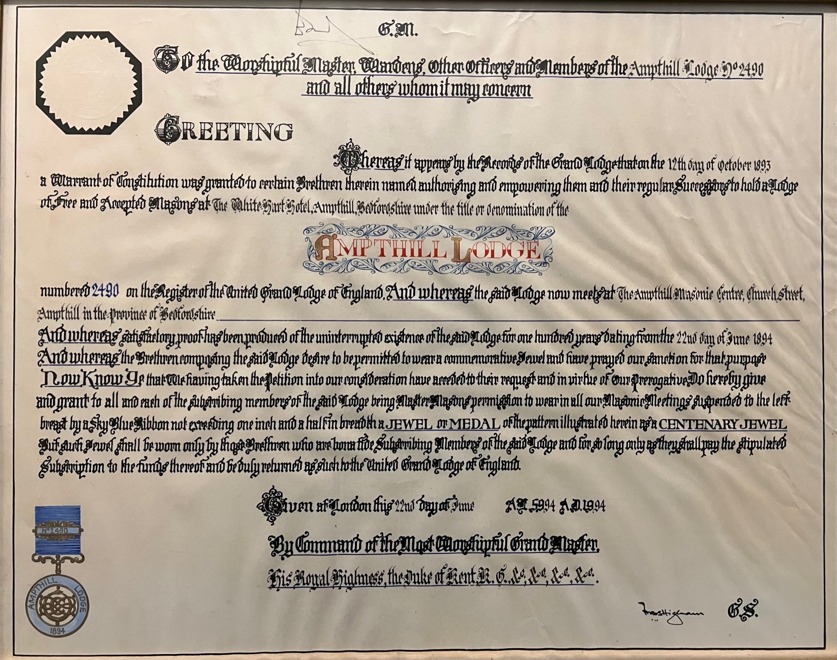 Centenary Jewel Certificate